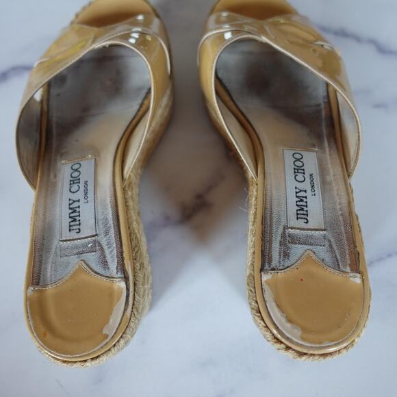 Jimmy Choo Shoes Womens Size 39 Beige Patent Wedge Espadrille Sandals Italy - Picture 2 of 10